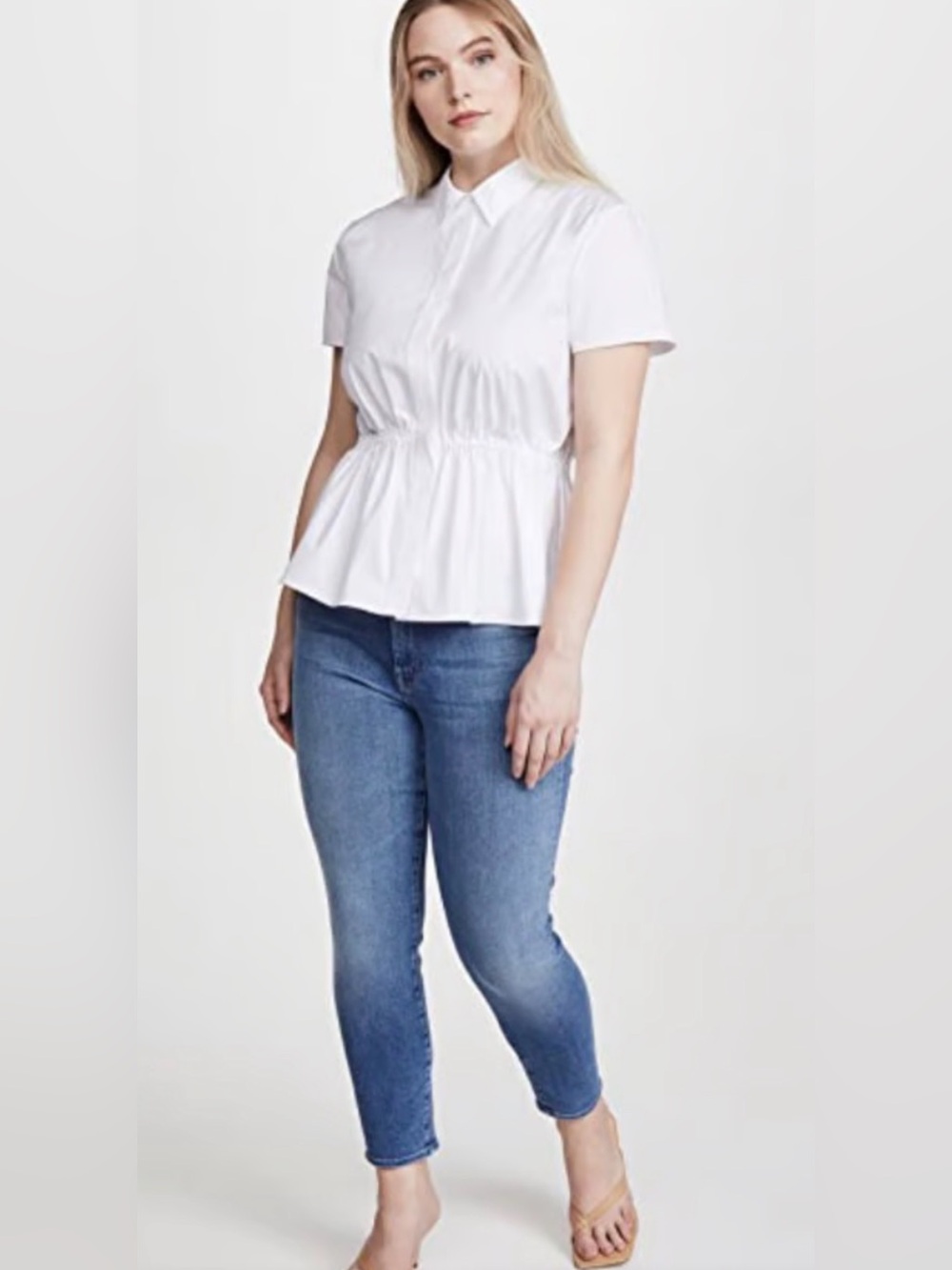 THEORY
Cinched-Waist Short-Sleeve Button-Shirt in White, size L